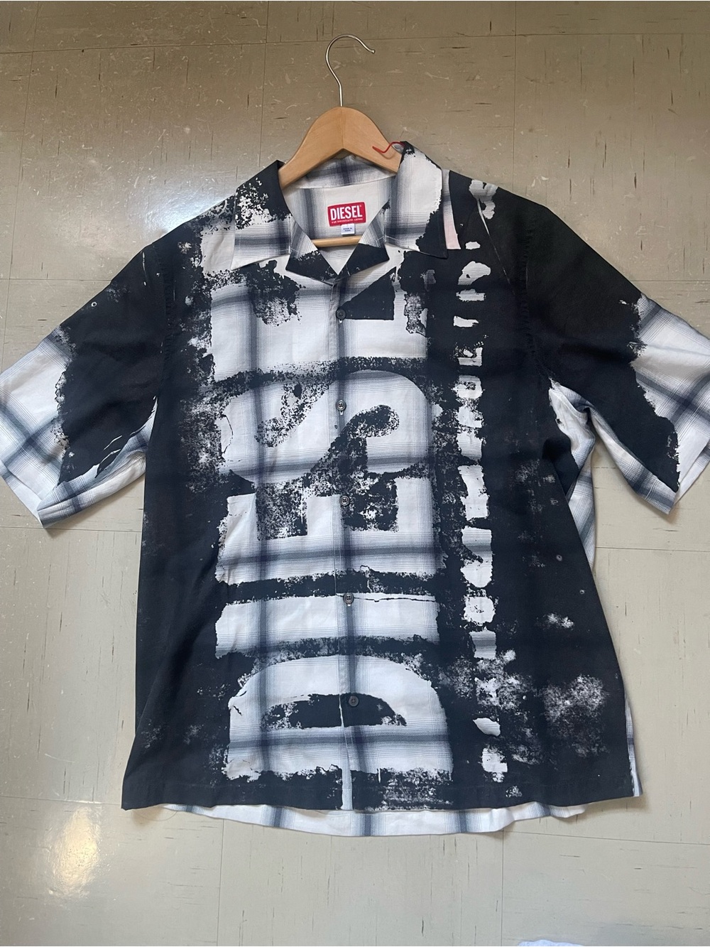 Diesel S-Nabil Graphic Plaid Camp Shirt Black White NWT Size 50 / L